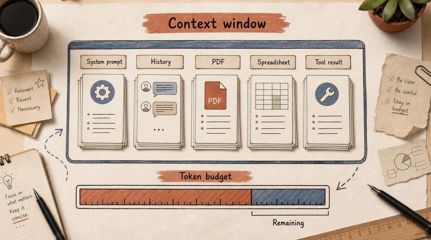 Context window planning board with system prompt, chat history, PDF, spreadsheet, tool result, and token budget