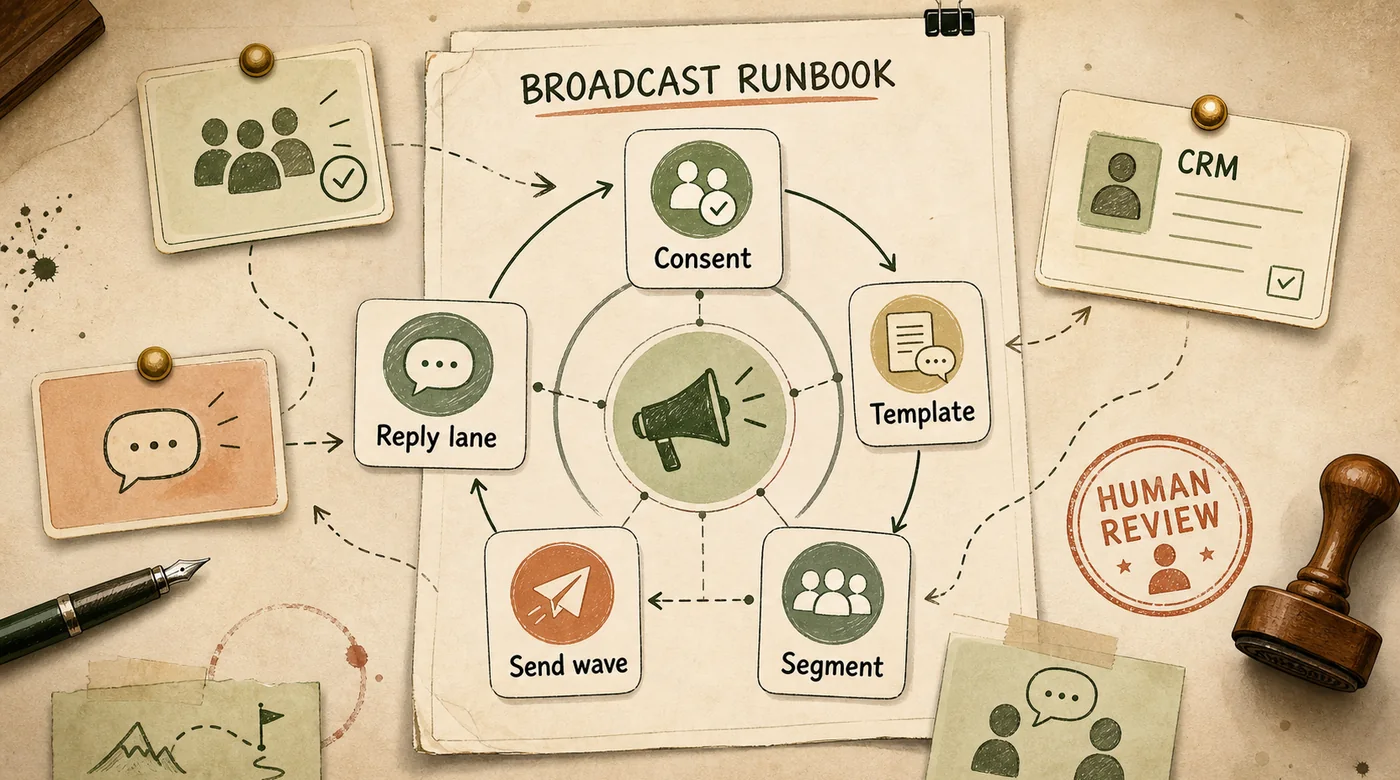 Consent-safe broadcast runbook with consent, template, segment, send wave, reply lane, CRM, and human review cards