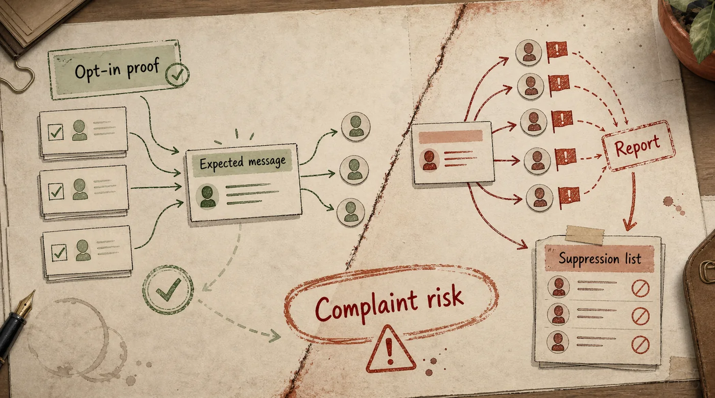 Split risk map showing opt-in proof leading to expected messages and complaint reports feeding a suppression list