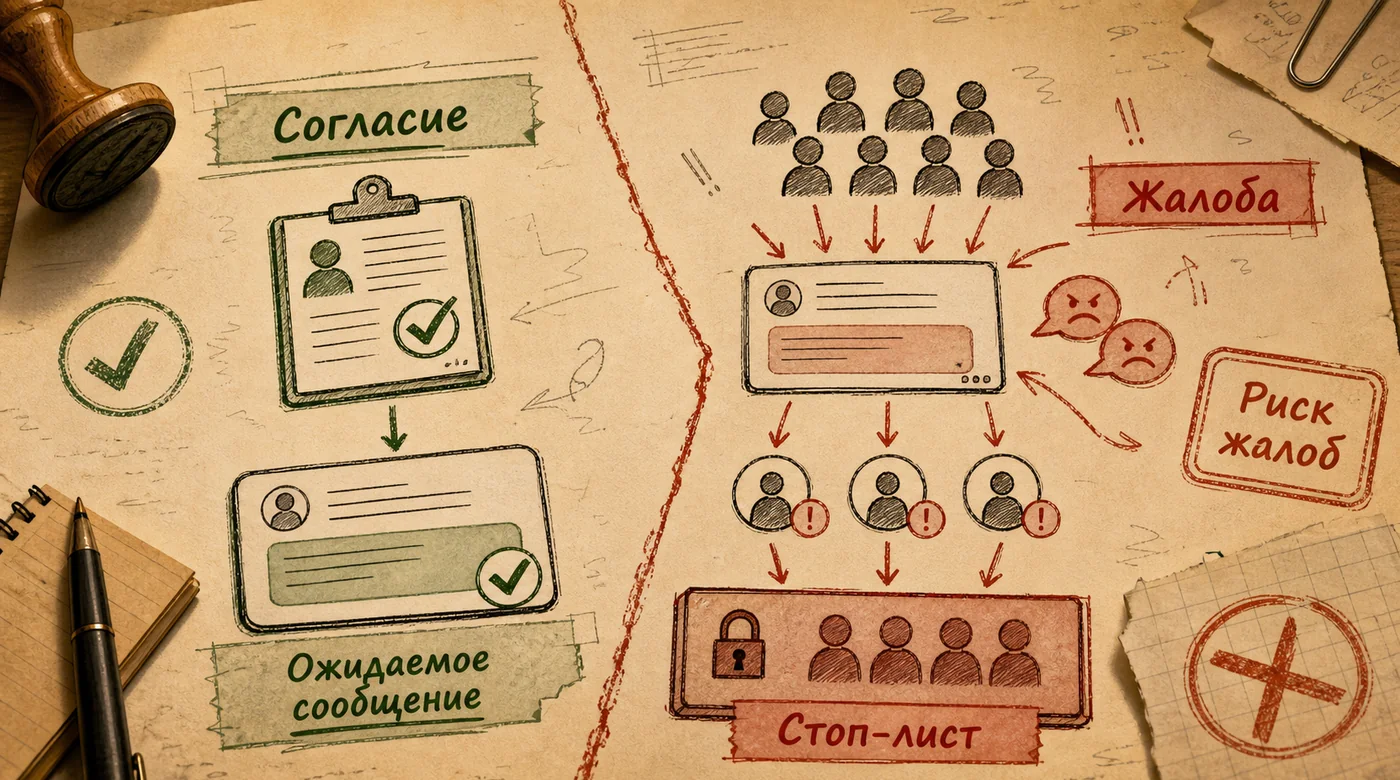 Карта риска жалоб: согласие и ожидаемое сообщение против массовой отправки, жалоб и стоп-листа