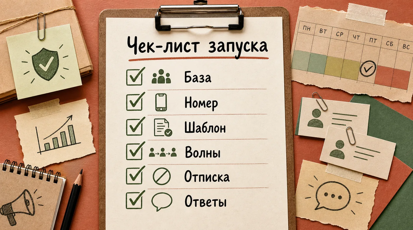 Чек-лист запуска безопасной рассылки: база, номер, шаблон, волны, отписка и ответы