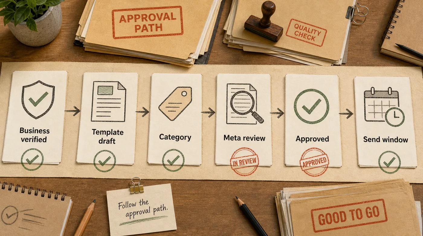 Approval path board showing business verification, template draft, category, Meta review, approval, and send window cards