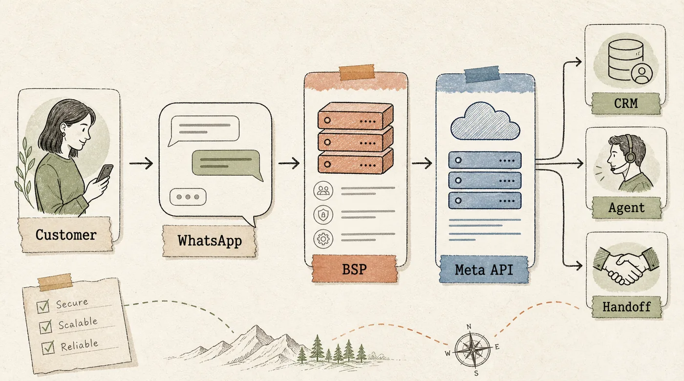 Architecture map showing customer messages flowing through WhatsApp, BSP, Meta API, CRM, agent, and human handoff