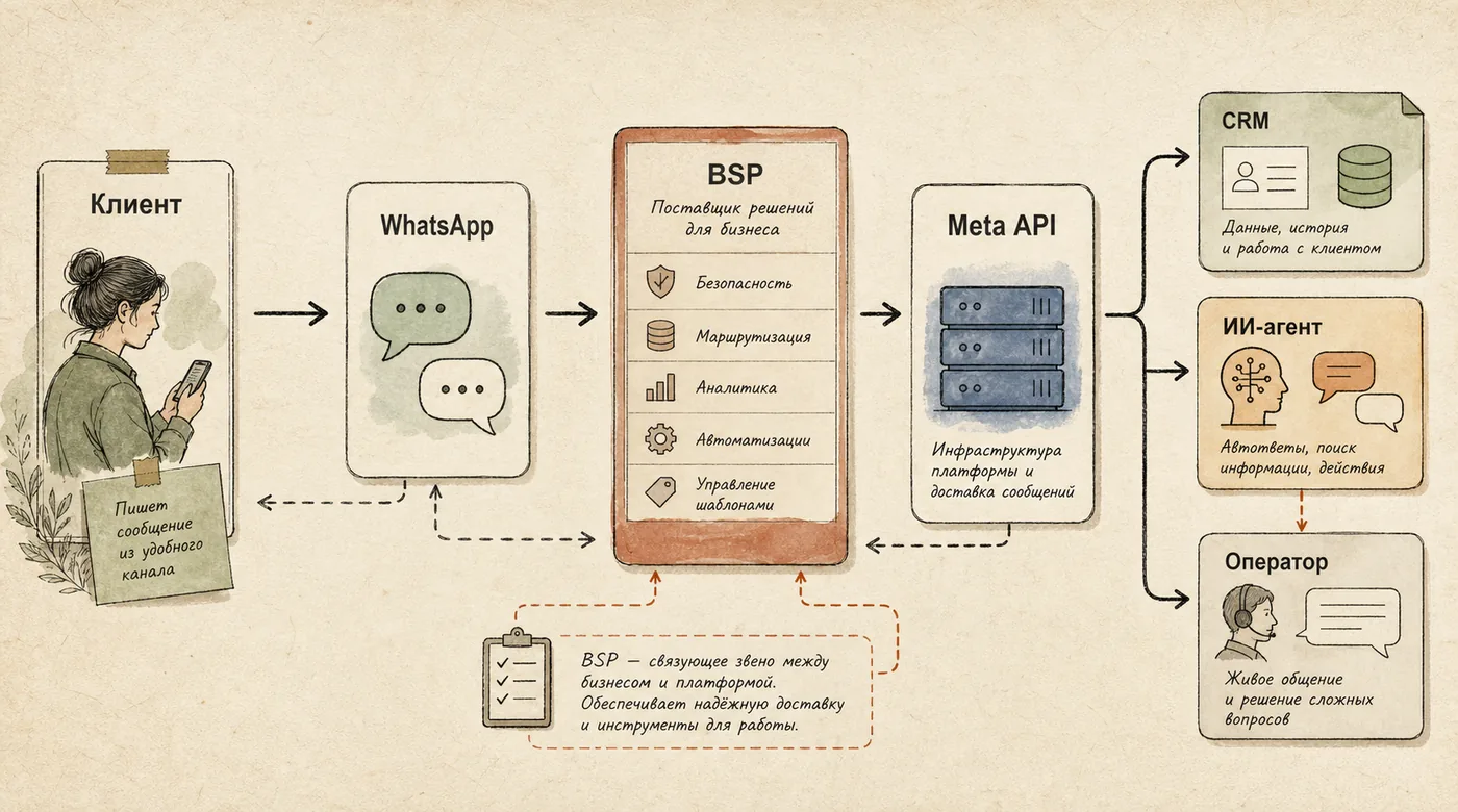 Схема архитектуры WhatsApp Business API: клиент, WhatsApp, BSP, Meta API, CRM, ИИ-агент и оператор