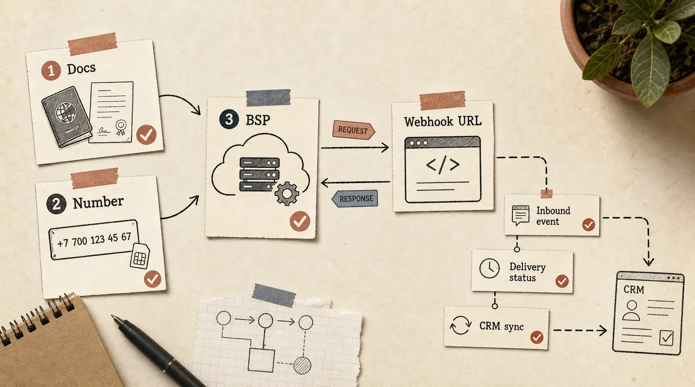 Paper runbook showing business docs, phone number setup, BSP connection, webhook URL, inbound events, delivery status, and CRM sync