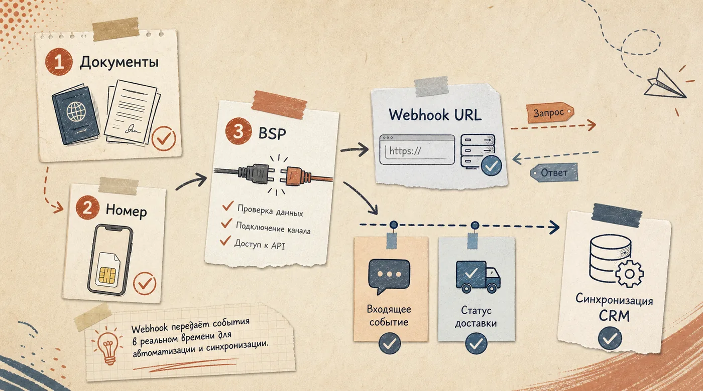 Бумажная схема подключения через BSP: документы, номер, Webhook URL, входящее событие, статус доставки и синхронизация CRM