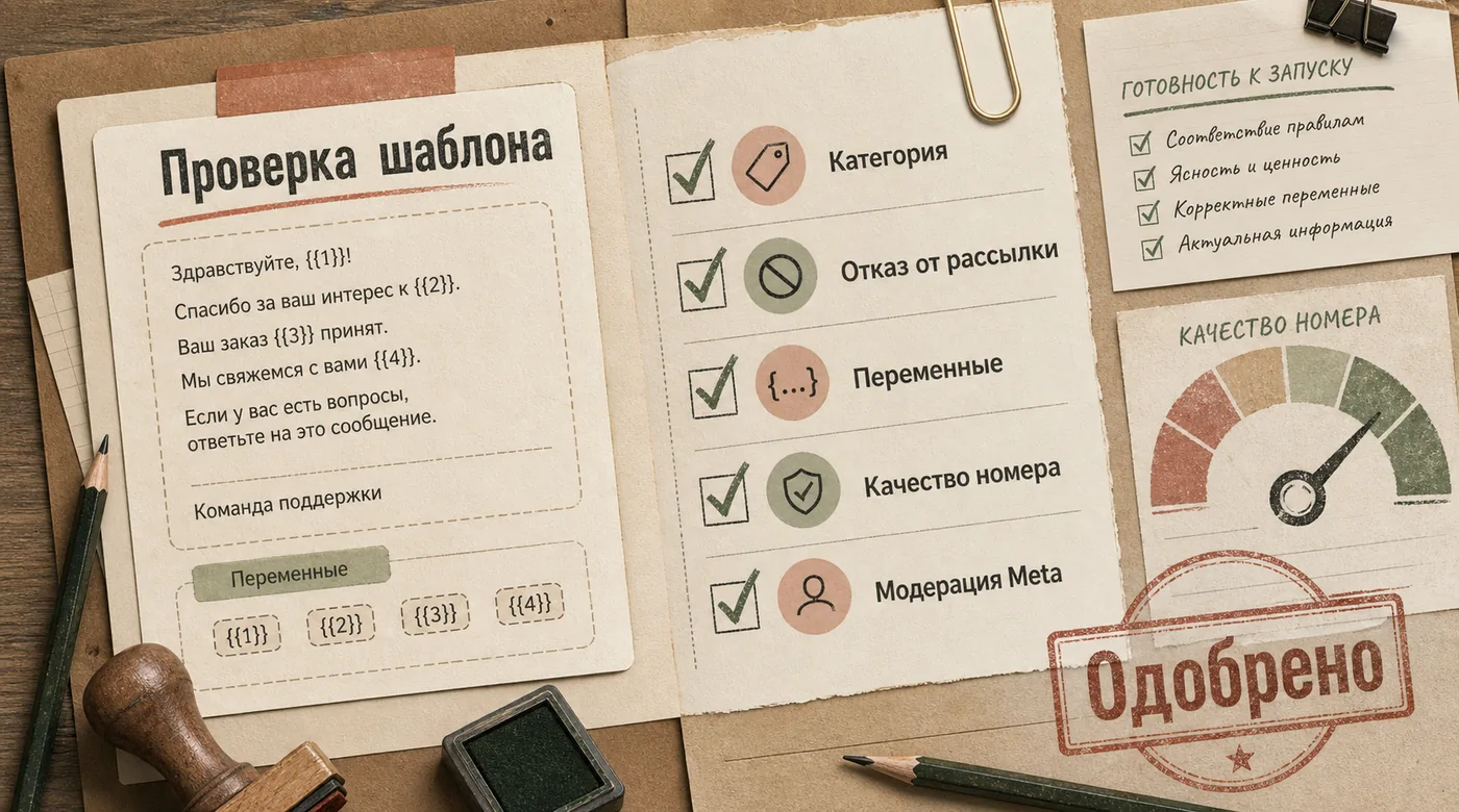 Чеклист проверки шаблона: категория, отказ от рассылки, переменные, качество номера, модерация Meta и статус одобрения