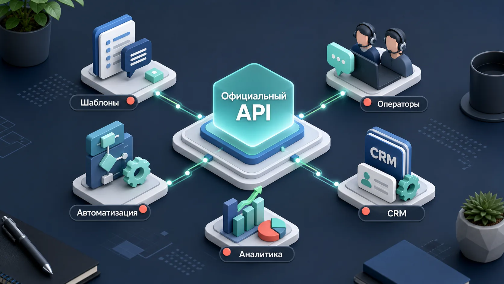 Карта возможностей официального API с блоками для шаблонов, операторов, CRM, автоматизации и аналитики