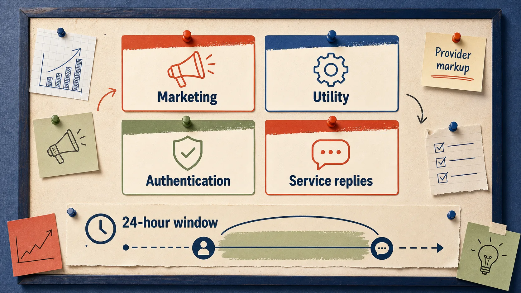Planning board for API message categories, the 24-hour service window, and provider markup without exact prices