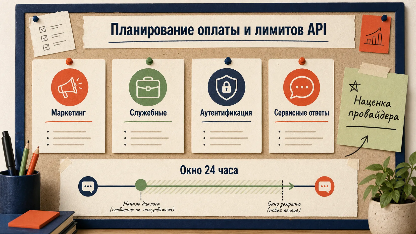 Доска планирования оплаты API с категориями сообщений, окном 24 часа и наценкой провайдера без конкретных цен