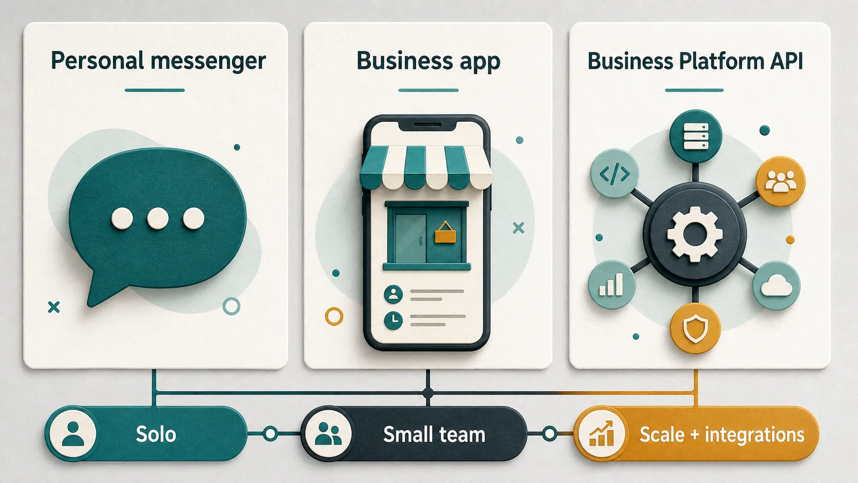 Three-column decision board separating personal messenger, Business app, and Business Platform API use cases