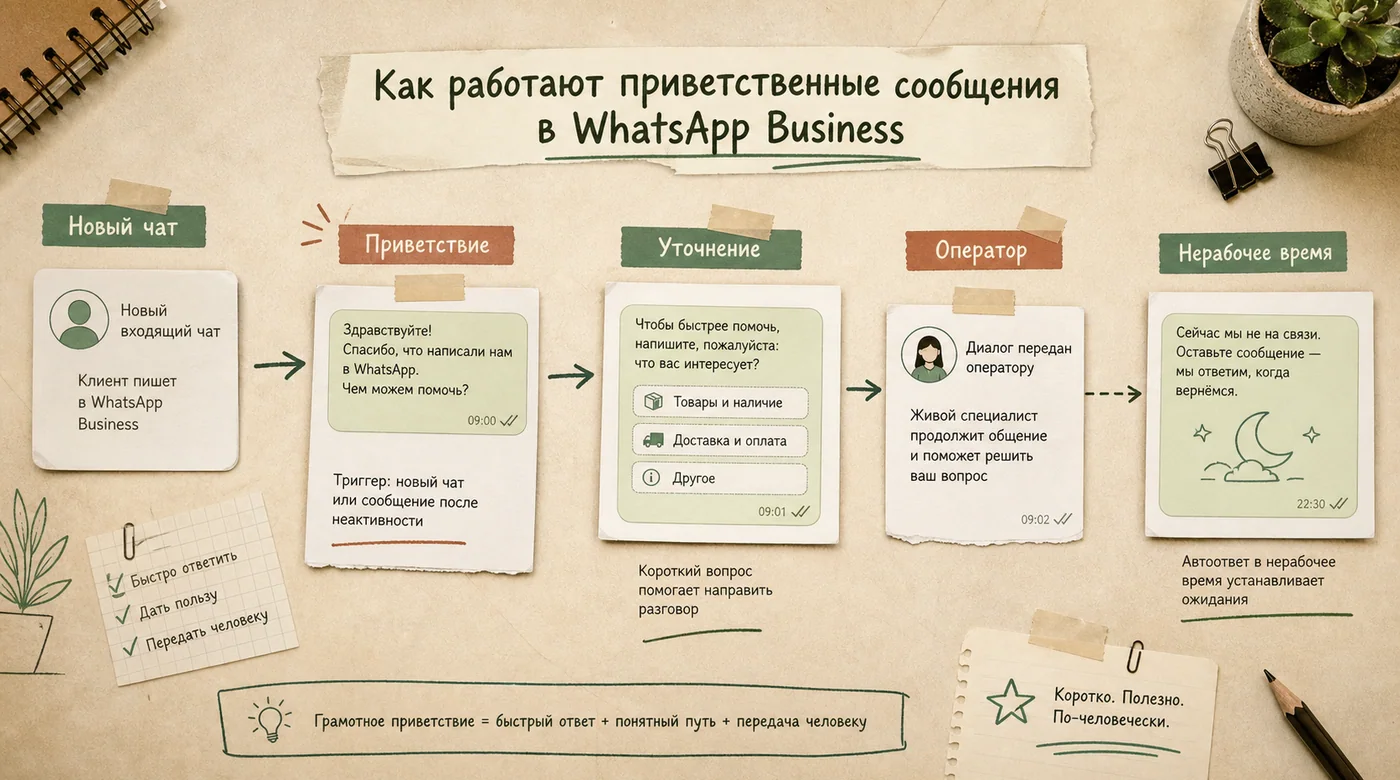 Схема приветствия WhatsApp Business: новый чат, шаблон, уточнение, оператор и нерабочее время