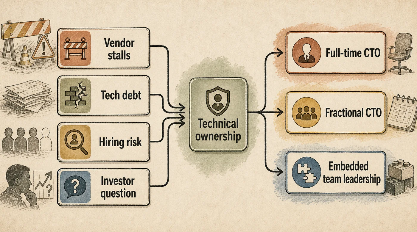 CTO hiring decision map with vendor stalls, tech debt, hiring risk, investor question, and leadership options