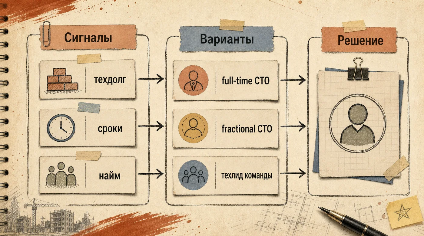 Карта решения о CTO с сигналами техдолга, срывов сроков, найма, вариантами руководства и ответственным решением