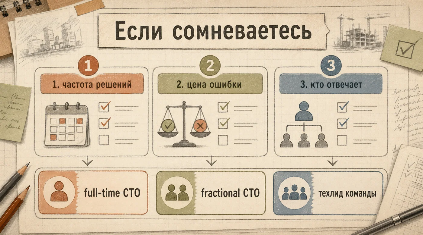 Рабочий лист выбора CTO: частота решений, цена ошибки, ответственный, full-time CTO, fractional CTO и техлид команды