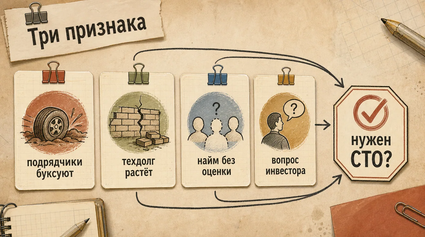Диагностическая доска с тремя признаками: подрядчики буксуют, техдолг растёт, найм без оценки, вопрос инвестора и решение о CTO
