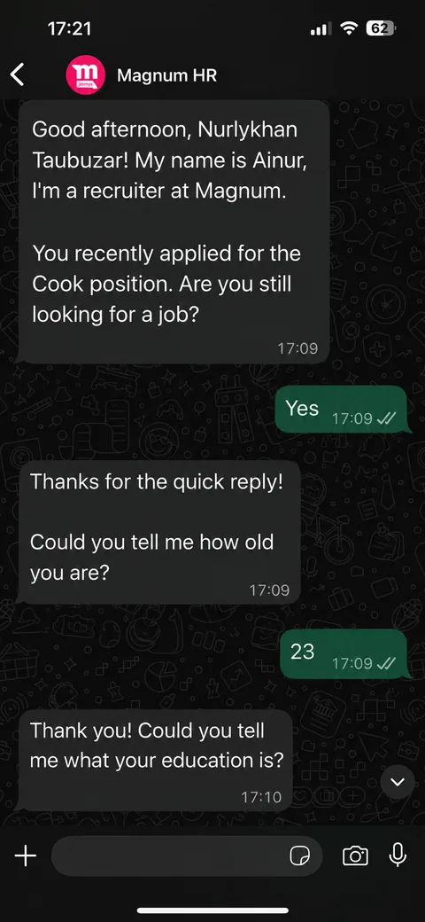 Magnum HR agent chatting with a candidate in WhatsApp