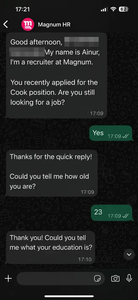 Magnum HR agent chatting with a candidate in WhatsApp