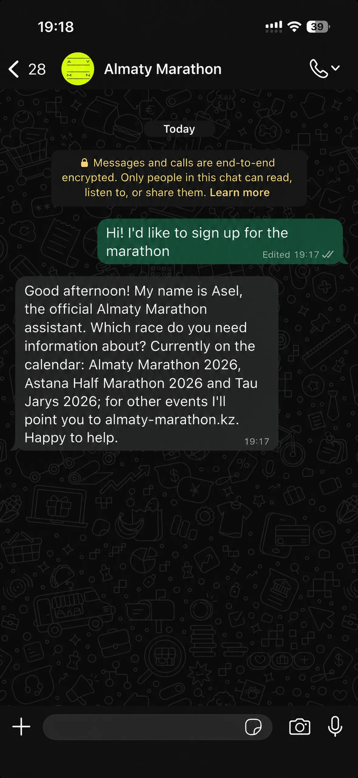 Almaty Marathon AI agent chatting with a participant on WhatsApp