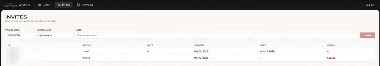 The Kaizen Coin admin: one-time invites with a revoke action