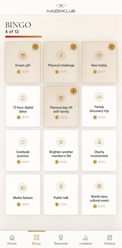 The Kaizen Coin bingo screen: 12 challenges with progress
