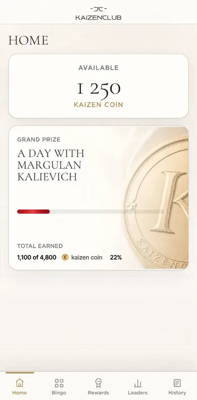 The Kaizen Coin home screen: the balance and progress toward the club's grand prize