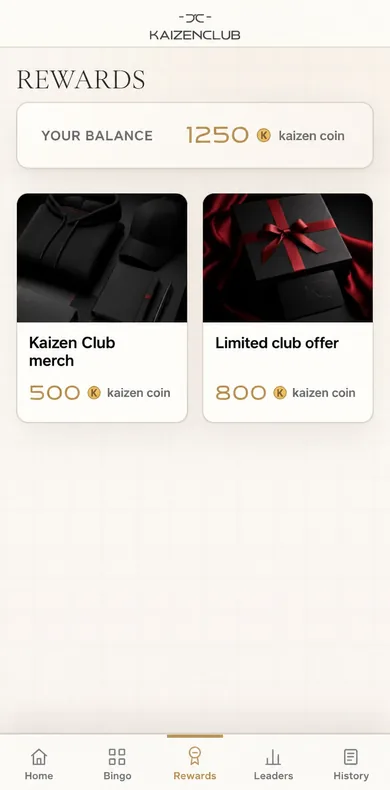 The Kaizen Coin rewards catalog with coin debits