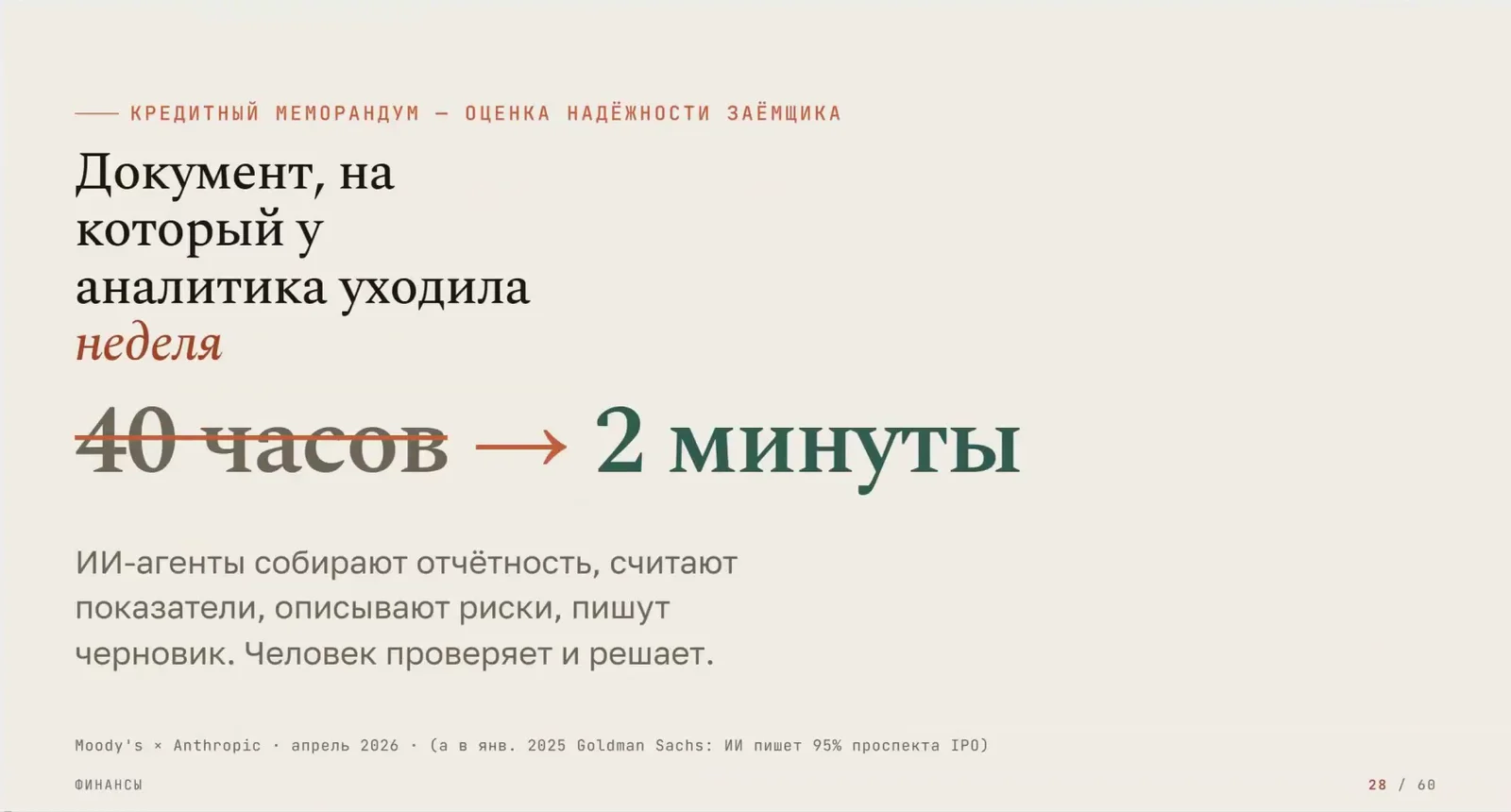 Слайд доклада: кредитный меморандум, 40 часов превратились в 2 минуты