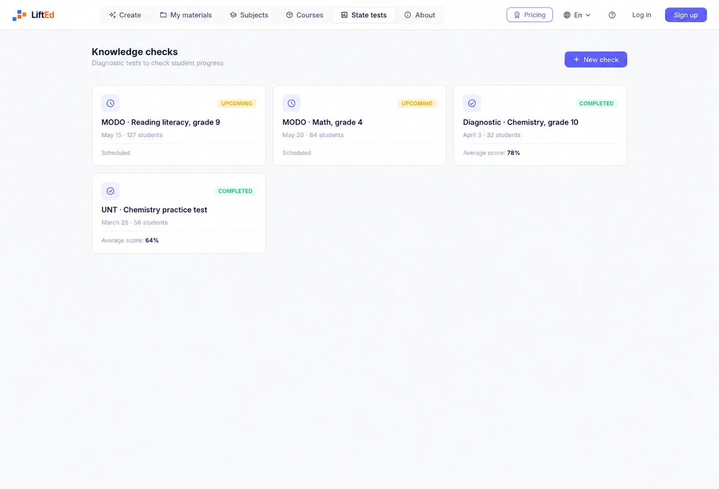 LiftEd assessment dashboard with school checks, student counts, and assessment status