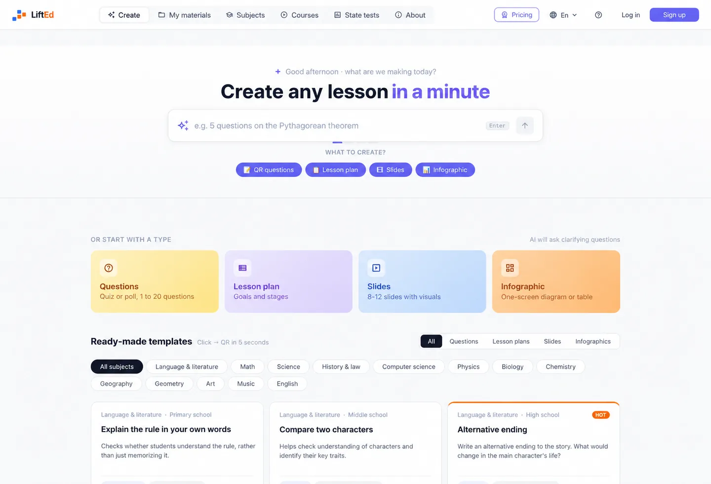 LiftEd teacher workspace with task creation, templates, and classroom launch tools