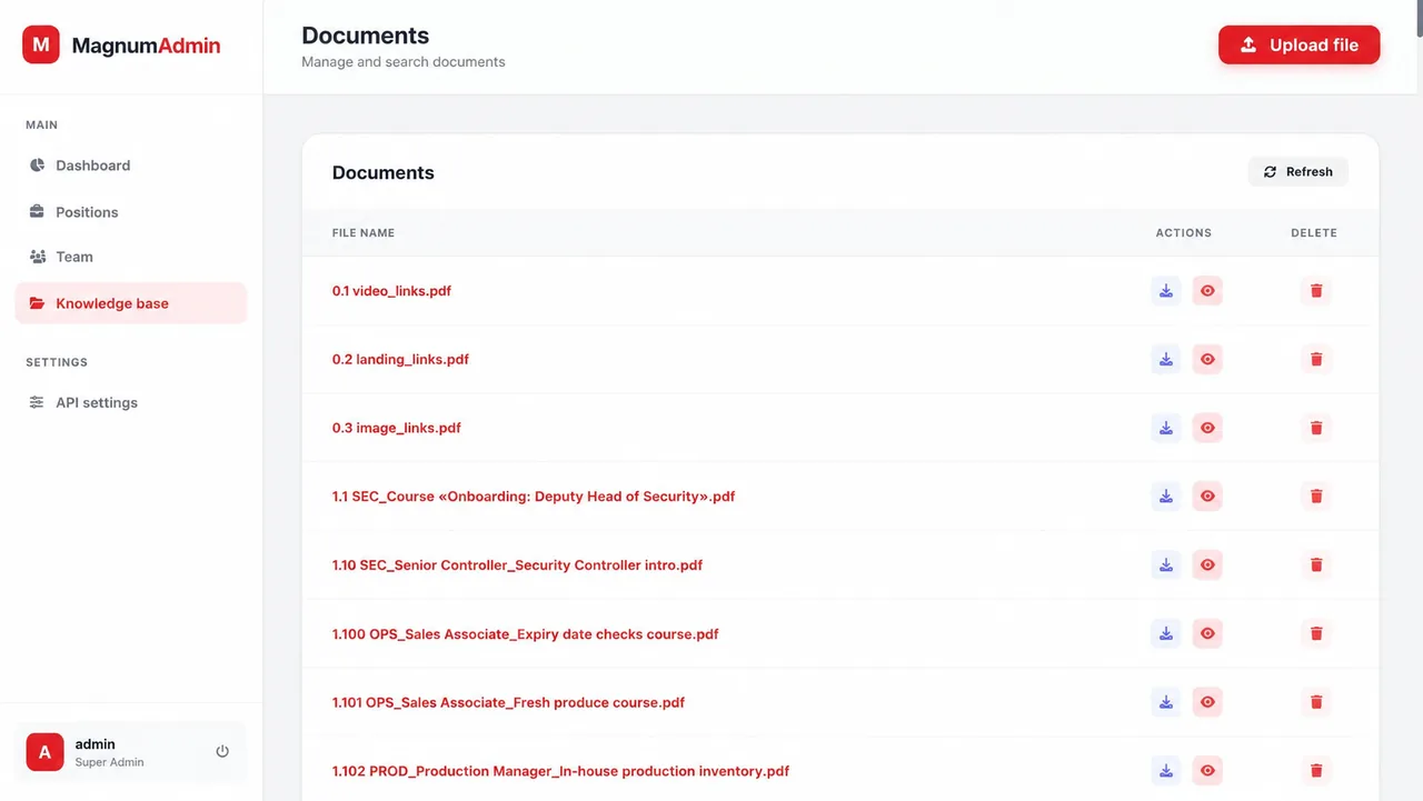 Olzhas admin panel: the knowledge base section with the document list and file upload