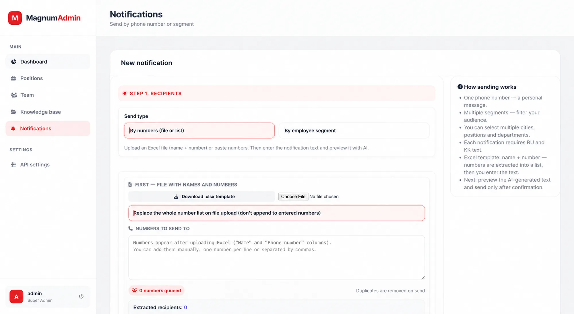 Magnum broadcast admin panel with branch and department targeting