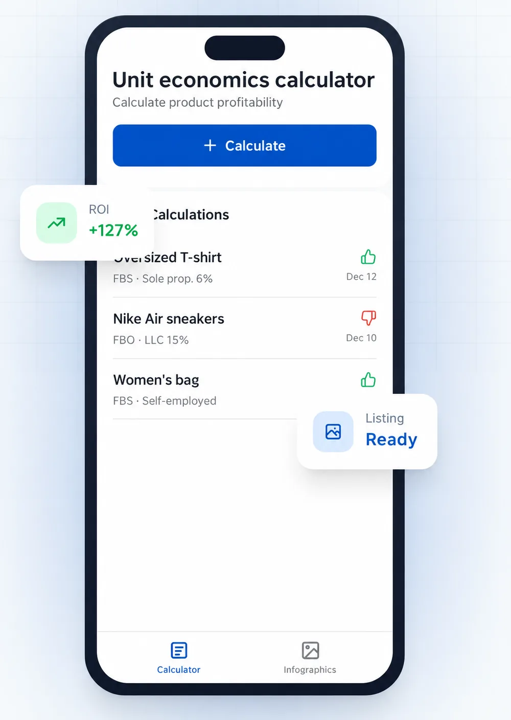 SellerBox Telegram Mini-App: the unit-economics calculator with a list of runs and ROI
